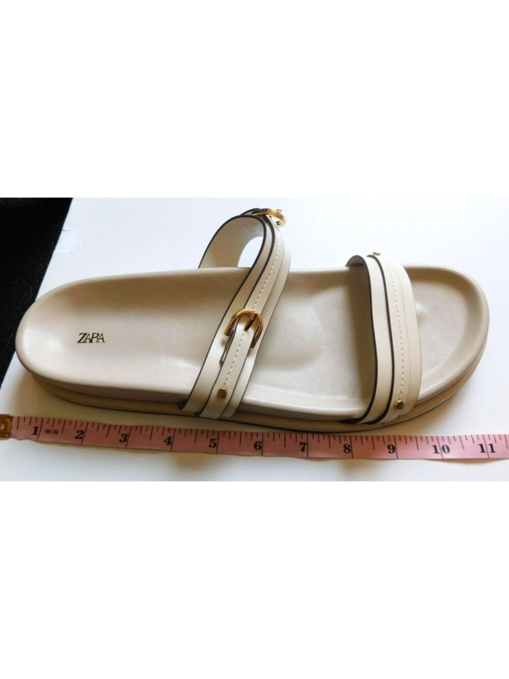 Zara Womens Cream Slide Sandals Gold Buckle Details Size 41 10  / 10.5 Coastal - Picture 7 of 7